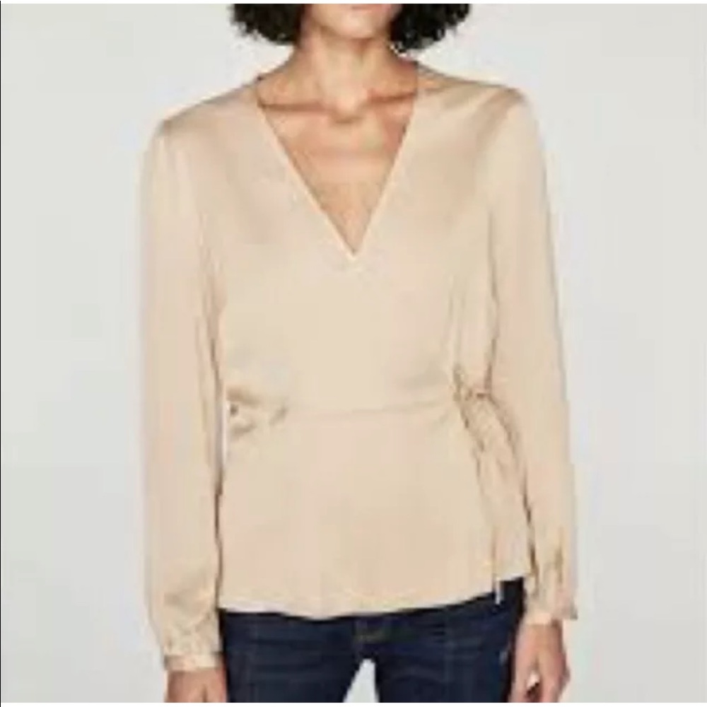 Zara Blouse Small Womens Pink Satin V-Neck Long Sleeve Genuine Wrap Top Viscose - Picture 3 of 12